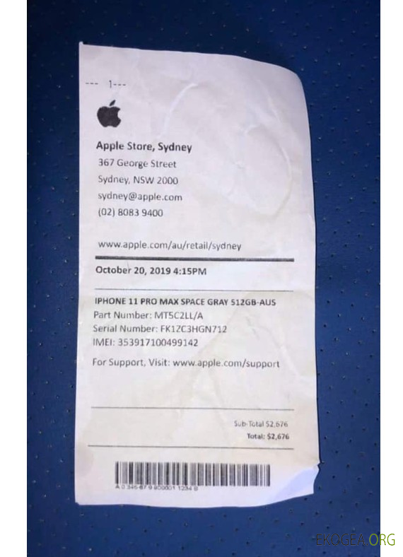 Reçu de paiement de la société Apple